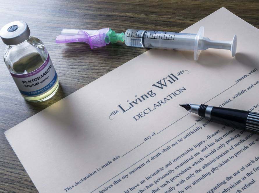 Living will declaration form Next to a vial of pentobarbital sodium