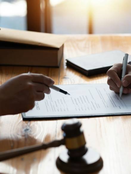 Attorney discuss legal legal contract document with clients. Lawyer give advice to help their client